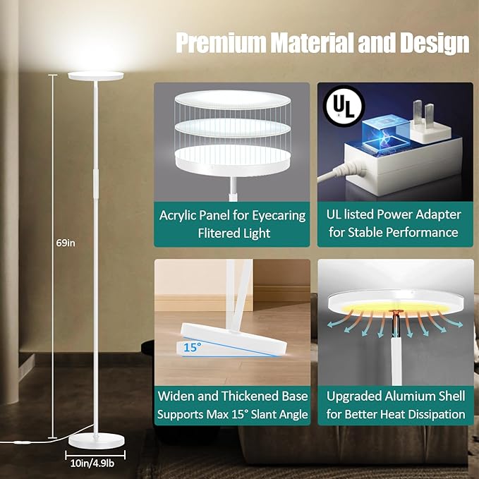 Floor Lamp, Upgraded 40W 4000LM Super Bright Torchiere LED Floor Lamps for Living Room, Stepless Dimmable Color Temperature 2700K-6500K with Remote & Touch Control, Standing Light (40W White)