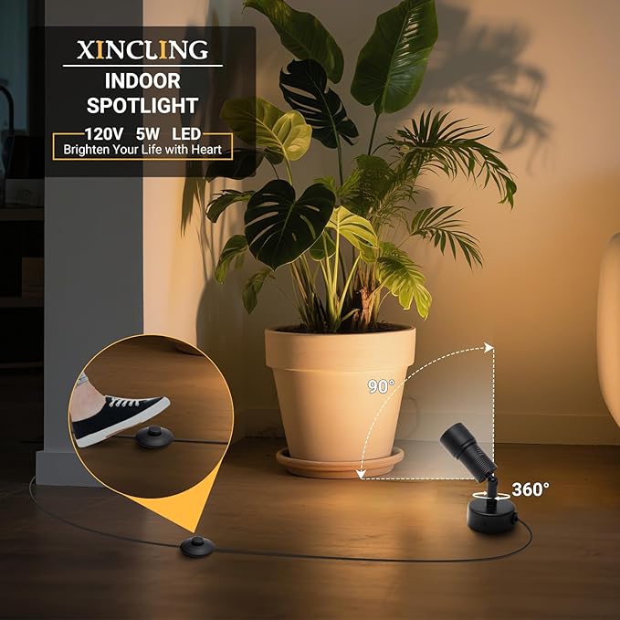 Spot Lights Indoor 5W LED Up Lights 3000K Uplighting with Zoomable 8°-60° Focus Head Floor Spotlight Indoor for Plants Artwork Accent Lights Decor, 5.9 FT Plug Cord with Foot Switch, 2 Pack
