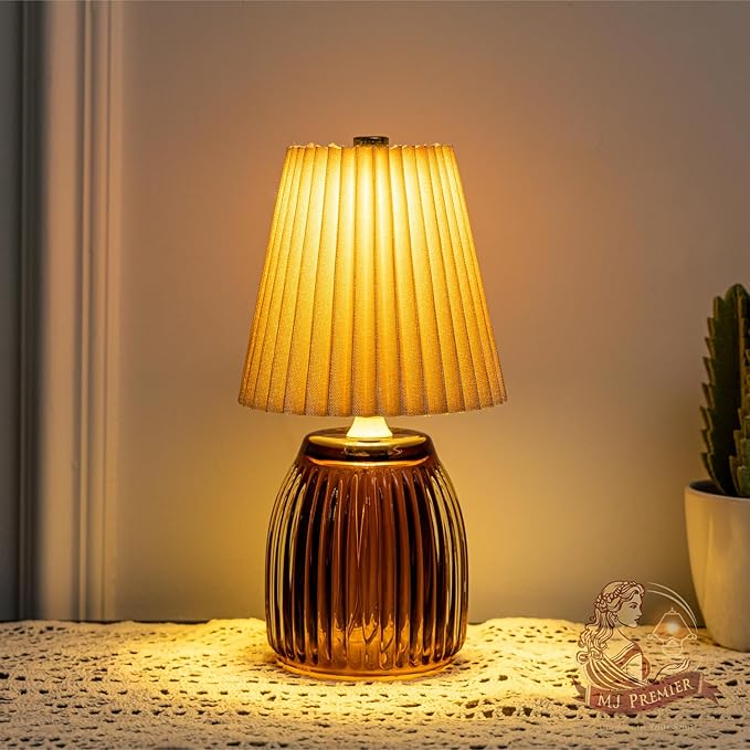 MJ Cordless Lamps with Timer 8.7 in High Battery Operated Pleated Lamp Shade for Home Decor Emergency Battery Powered Small Lamps for Livingroom Bedroom Home Decor Beige