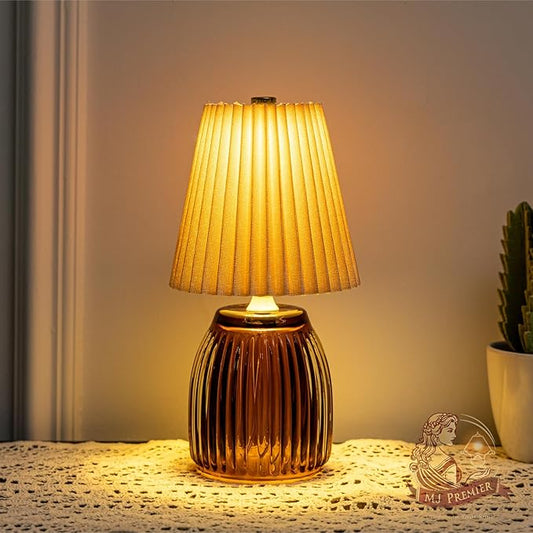 MJ Cordless Lamps with Timer 8.7 in High Battery Operated Pleated Lamp Shade for Home Decor Emergency Battery Powered Small Lamps for Livingroom Bedroom Home Decor Beige