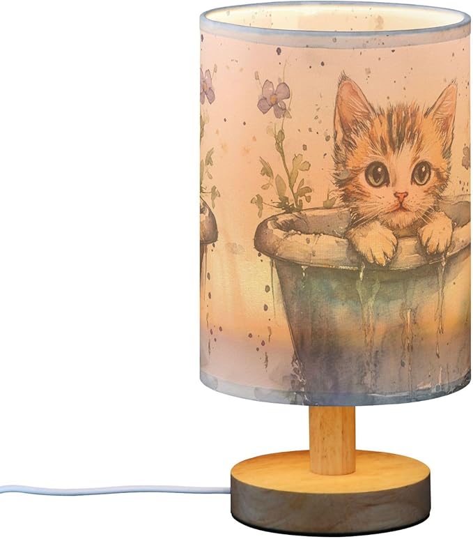 Watercolor Kitten Cat in Tub Table Lamp with Wood Base Fabric Lamp Shade Bedside Nightstand Desk Lamp for Living Room Bedroom Kids Room Office