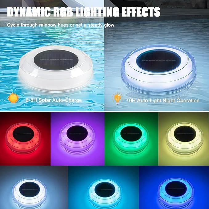 Solar Floating Pool Lights, Dynamic RGB Lighting Effects, IP68 Waterproof That Float, Upper and Lower Pool Garden Lights Decor for Outdoor Above Ground 1 Pack