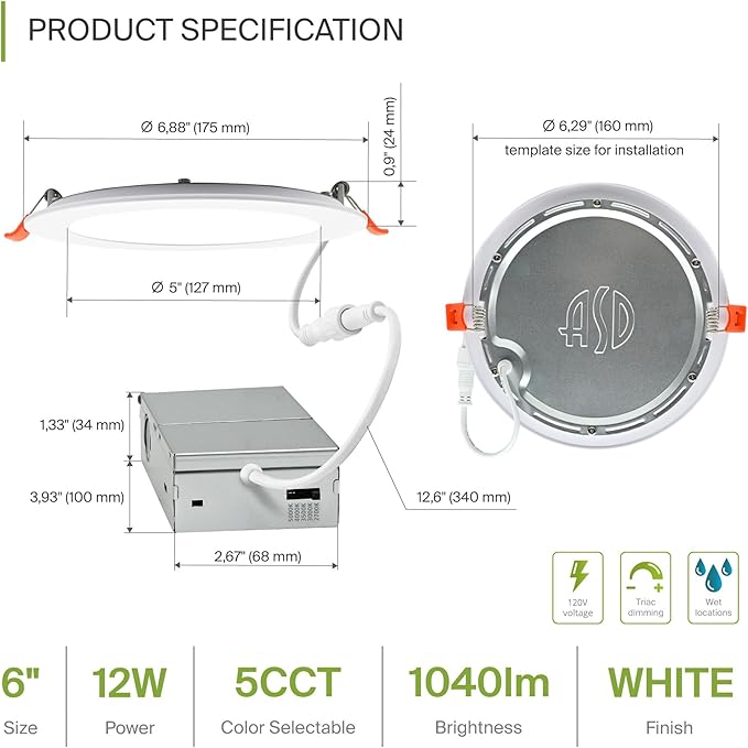 ASD 6 Pack LED Recessed Lighting 6 Inch 12W, 5 CCT 2700K-5000K CRI90+, IC Rated Ultra Thin Dimmable Ceiling Lights with J Box, Canless Wafer Downlight, Round Slim Panel Light, Energy Star ETL, White