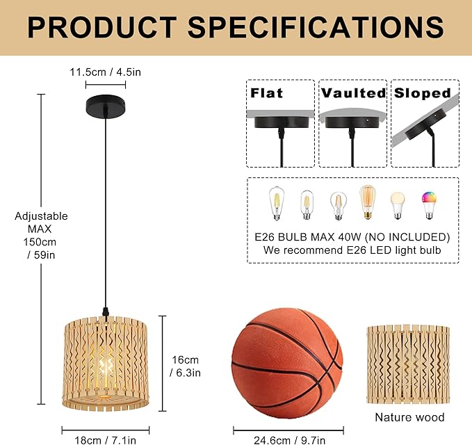 Farmhouse Natural Wood Drum Pendant Light, 1-Light Rural Ceiling Hanging Lamp Lighting Fixture with 7" Lampshade, Boho Chandelier for Kitchen Island Hallway Dining Room