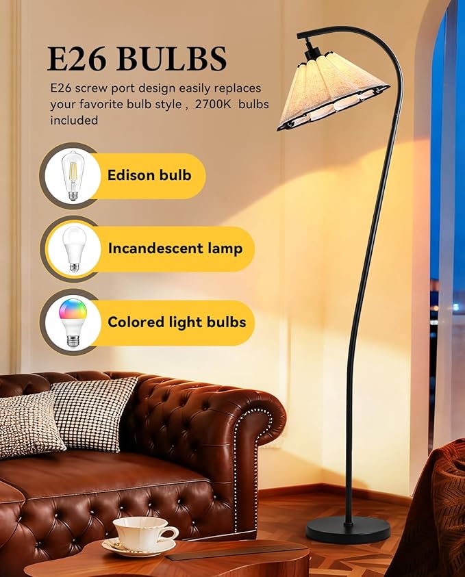 Floor Lamp with Pleated Linen Lampshade, Modern Flower Floor Lamp for Living Room Arc Standing Lamp, Gold Tall Lamp for Bedroom Office Dining Room, Bulb Included (Black + Black, 66.1IN)