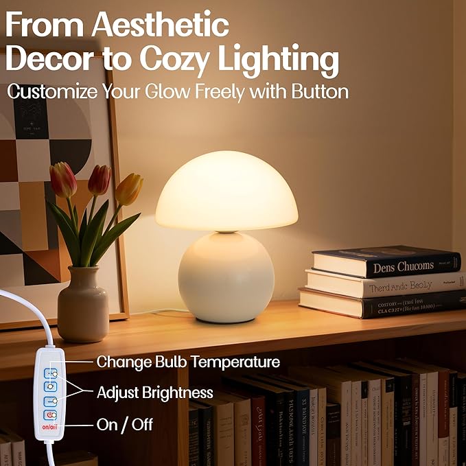 Cute Small Mushroom Lamp Decor,USB-Plug in Bedside Table Lamps with 3-Temperature LED Bulb Dimmable,Modern Aesthetic Home Decor for Livingroom/Bedroom/Dorm/Nursery (White with Plug)