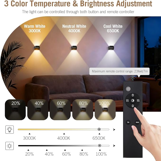B-right Motion Sensor Wall Lights, 2 Pack Rechargeable Battery Operated Wall Sconce LED Wall Lights Indoor Brightness Adjustable, Wall Lamp with Remote Control for Bedroom, Stairs, Hallway