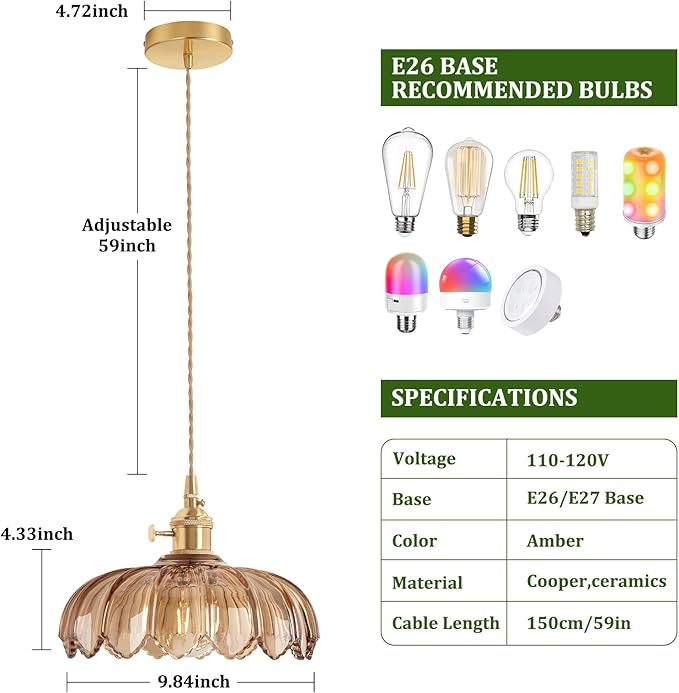 Pendant Light with Amber Scindapsus Glass Lmapshade, Brass Vintage Pendant Light Adjustable Hanging Light for Kitchen Island Dining Room Hallway