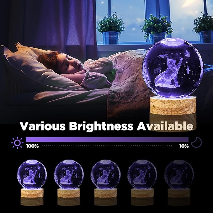 3D Cat Crystal Ball Night Light Cat Lover Gifts for Women 3.15 Inch Figurines Decor Lamp with 16 Color Wooden LED Base and Remote, Birthday Christmas Gifts for Boys Girls Kids
