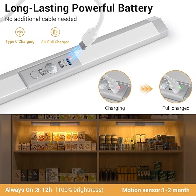 WOBANE Closet Lights Motion Sensored with Eye-Protection,Rechargeable LED Wardrobe Lighting with 3 Color,12 inch Dimmable Wireless Battery Operated Light Indoor for Stair,Pantry,Hallway,900mAh,2PCS