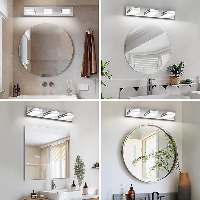 24-Inch 3-Light LED Modern Chrome Bathroom Vanity Light Fixtures Over Mirror, Bathroom Lighting Fixtures with Cool White 6000K, Rotatable Vanity Wall Lights for Bath Restroom Powder Room