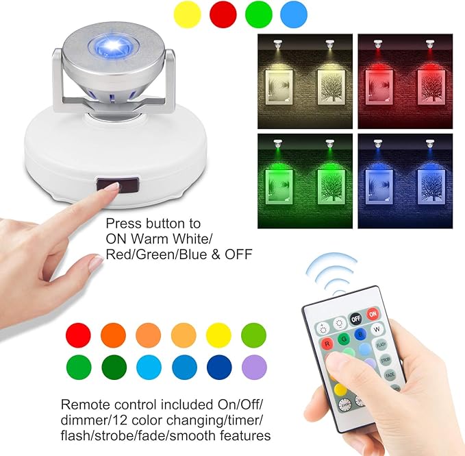BIGMONAT Battery Operated Spotlight, Wireless LED Accent Lighting for Wall Picture Painting, Color Changing Up Light with Remote and Timer for Artwork Dartboard Plant Tree, Brightness Dimmable