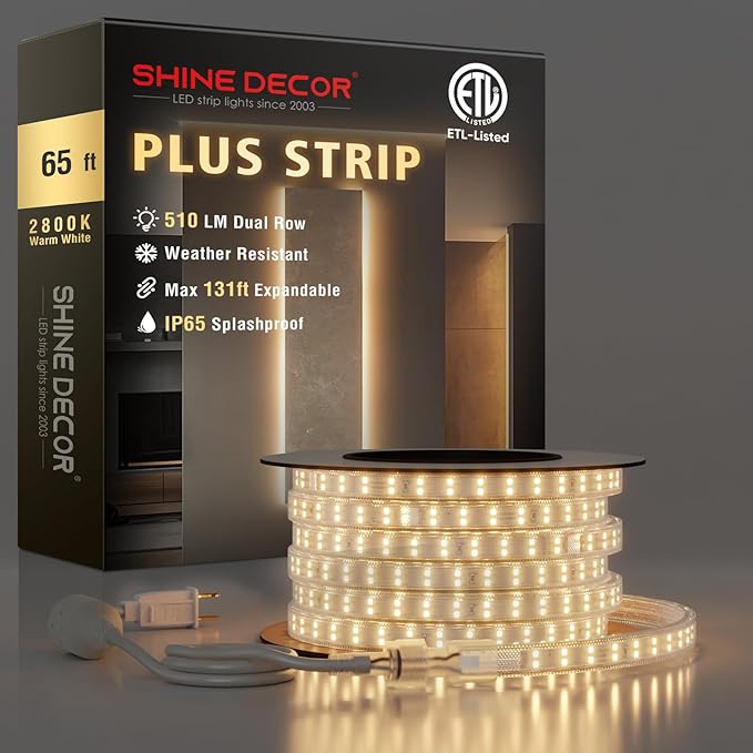 Shine Decor Plus LED Strip Lights AC 120V, Connectable Double Row Bright Rope Light, ETL IP65 Waterproof & Weather-Resistant for Accent Lighting, 7x17mm, 2800K Warm White, 65FT