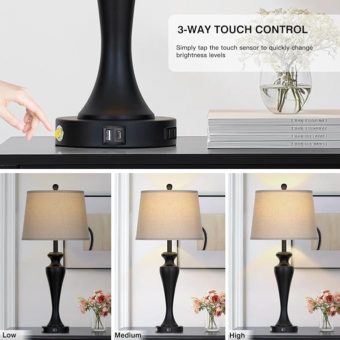 30 Inch Black Table Lamp Single, 3-Way Dimmable Touch Control Living Room Lamps with USB A+C Ports and AC Outlet, Tall Bedside Lamps for Nightstand, Modern Metal Bedroom Lamp, Bulb Included