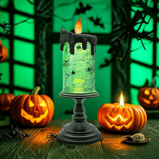Halloween Spider Snow Globe Candle – LED Flameless Candle with Black Drip, Spooky Spider Web Design, Battery Operated Halloween Decoration for Table, Mantel, Party, Indoor Decor