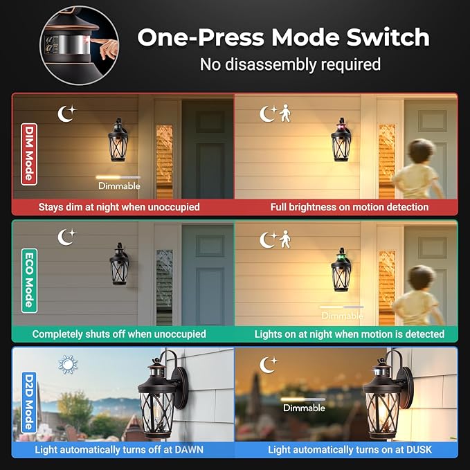 VIANIS Motion Sensor Outdoor Porch Lights Wall Mount, 2-Pack Modern Dusk to Dawn Exterior Lighting Fixtures, Oil Rubbed Bronze Gold Trim Wall Lanterns for Garage, Waterproof Coach Lights for House