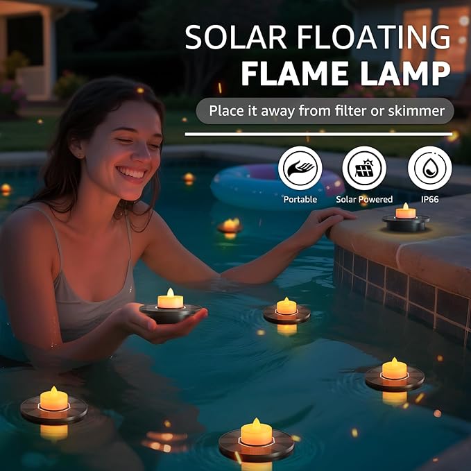 Solar Floating Pool Lights, 5-Pack Solar-Powered Float Candles Lamps Tea Light for Pond Party Garden Backyard Outdoor Decor