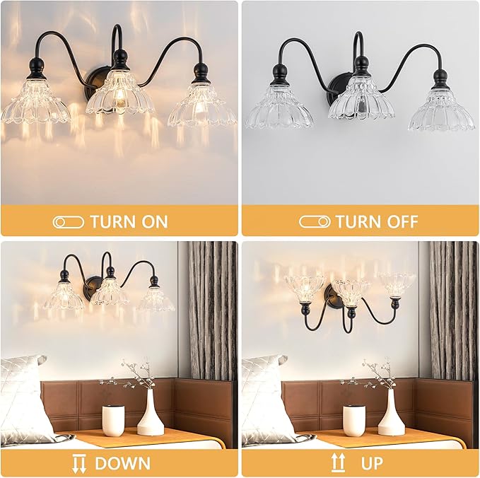 Vintage Bathroom Light Fixtures Over Mirror, 3-Light Black Wall Sconce Lighting with Flower Glass Shade, Farmhouse Vanity Lights for Bedroom Kitchen Living Room Hallway Light