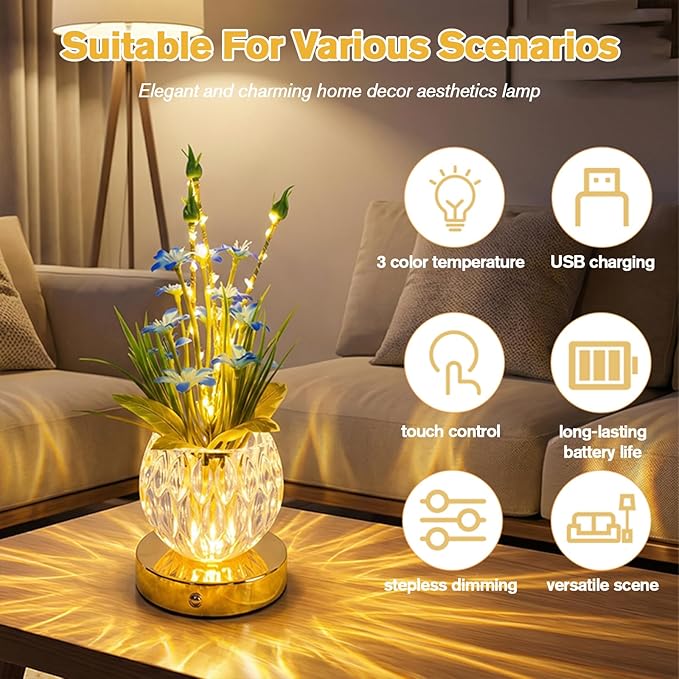 Flower Table Lamp, Mini Lily Table Decor with 3 Colors Dimmable, Artificial Flowers Night Light, Rechargeable Glass Lamp Small Desk Lamp for Party Holiday Home Decoration (Blue - Lily)