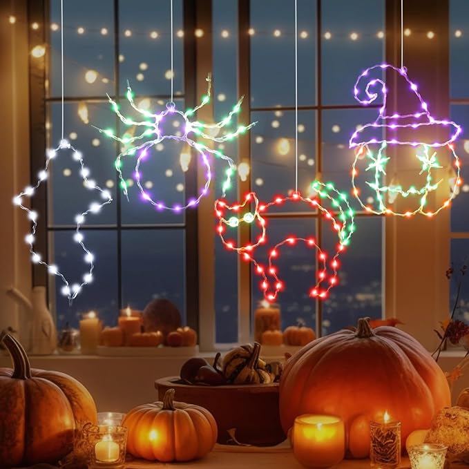 Halloween Lights Indoor 4 Packs, USB or Battery Powered Pumpkin Cat Spider Skull Decor, 8 Modes Remote Control with Timer, Halloween Window Lights Outdoor for Party