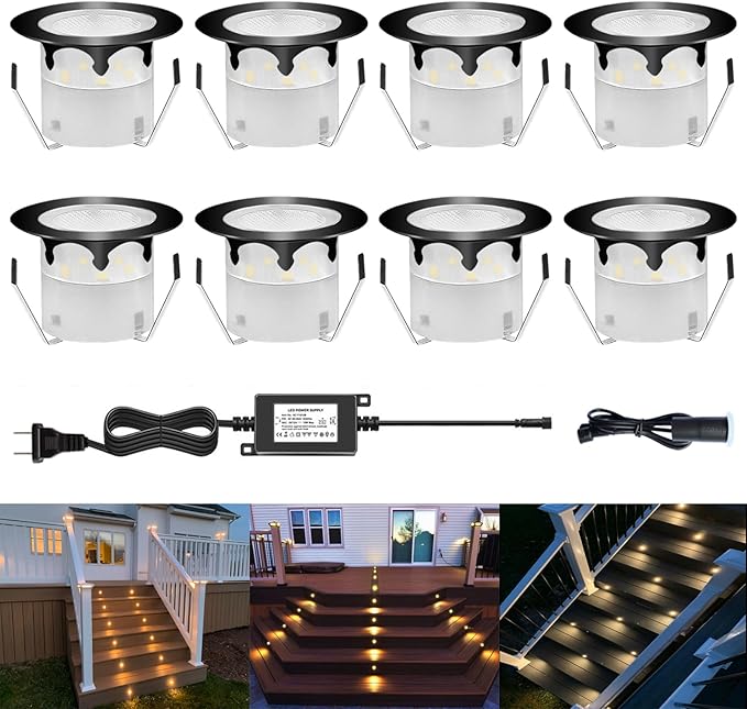 LED Outdoor Deck Lights with Photocell, Warm White Φ1.77in Low Voltage 12V DC IP67 Waterproof, Electric Wired Recessed Round Up Landscape Lighting for Yard Stair Step Floor Riser, 8 Pack Black