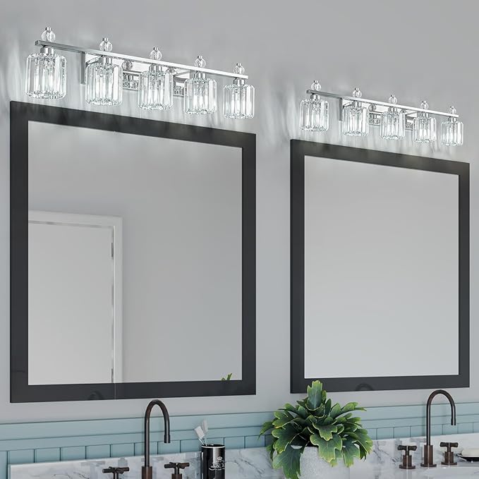 Bathroom Vanity Lights 5-Light Chrome Modern Crystal Vanity Light Fixtures Over Mirror Crystal Bathroom Vanity Lighting Fixtures