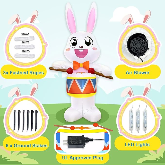 OurWarm 8FT Easter Inflatables Outdoor Decorations, Drumming Inflatable Easter Bunny Decor with Built-in LED Lights, Easter Bunny Blow up Inflatable for Outside Garden Lawn Holiday Party Yard Decor