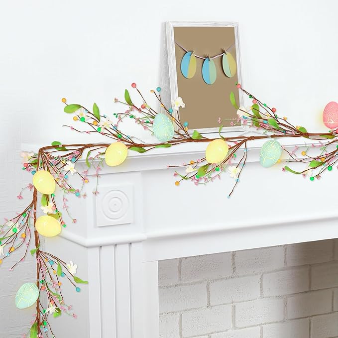 JUNEBRUSHS 6 FT Lighted Easter Egg Garland, Artificial Floral Spring Garlands for Mantle Fireplace Garland for Spring Home Decor Easter Party Indoor Outdoor Decoration