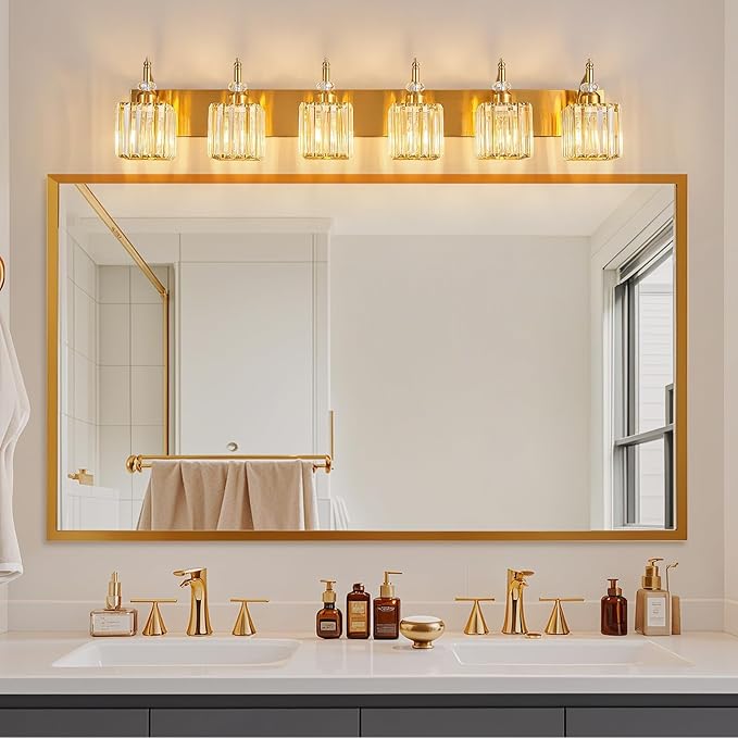 Crystal Vanity Lights - Gold 6 Light Modern Bathroom Vanity Light Fixtures Over Mirror