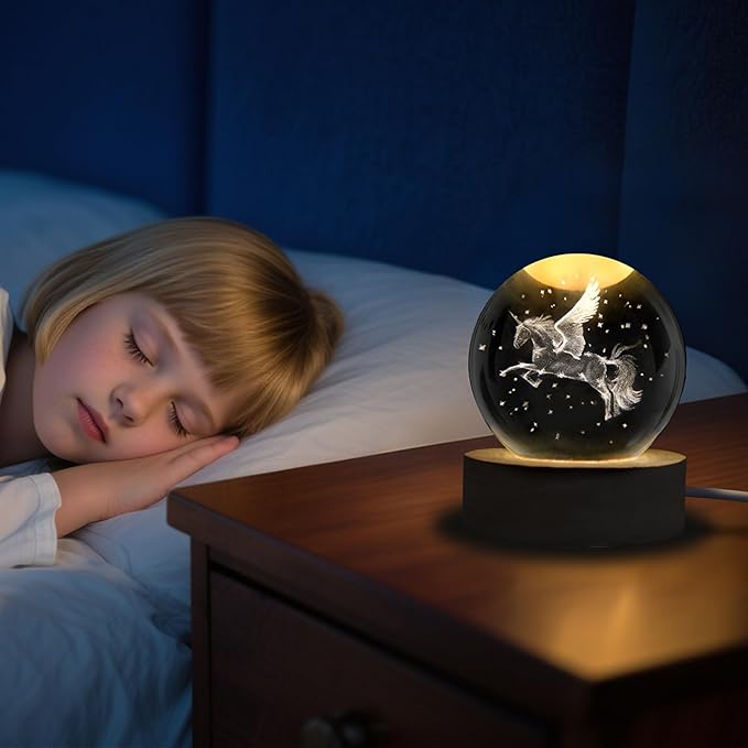 Unicorn Figurine Crystal Ball Lamp with LED Stand, 3D Laser Engraved Glass Sphere Decorative Balls Paperweight(60mm)