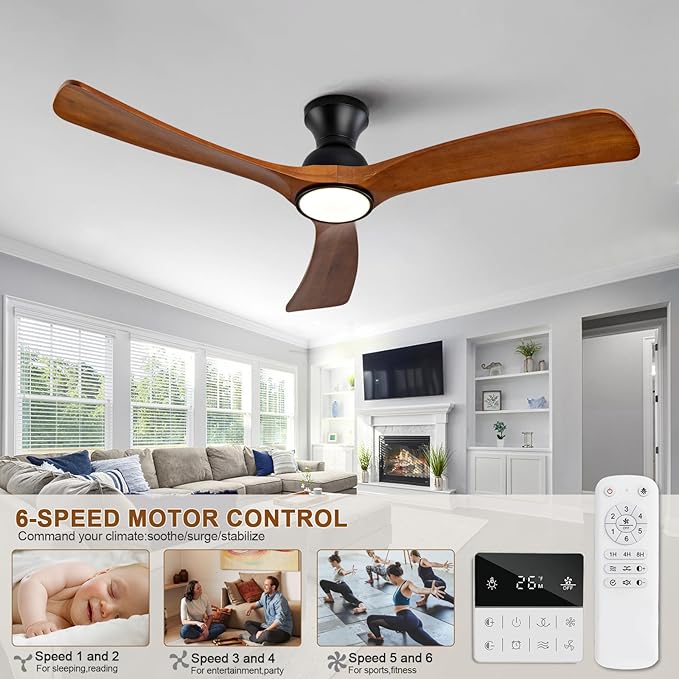 52 inch Flush Mount Ceiling Fans with Lights,Remote Control,Wall Switch,Solid Wood Blades,Dimmable,Reversible,Noiseless,Power Off Memory Low Profile Ceiling Fan for Bedroom Patio Indoor/Outdoor