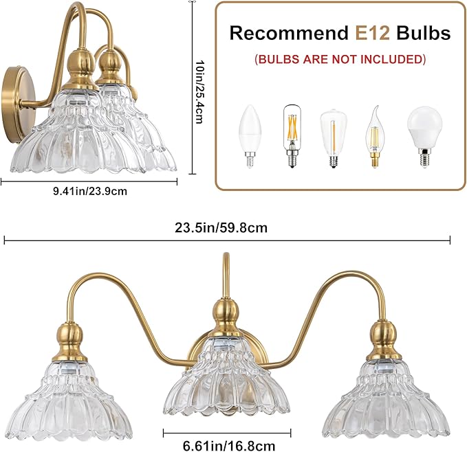 Vintage Bathroom Light Fixtures Over Mirror, 3-Light Brass Wall Sconce Lighting with Flower Glass Shade, Farmhouse Vanity Lights for Bedroom Kitchen Living Room Hallway Light