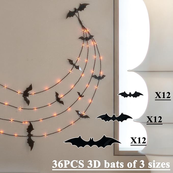 Hairui Lighted Halloween Garland with Bats Battery Operated with Timer, Black Garland with Lights 6FT 80 Orange and Warm White Fairy Lights 10 Functions for Wall Room Porch Halloween Decor 2Sets