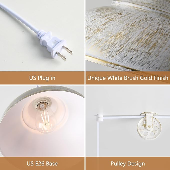 White Plug in Pendant Light Hanging Lamps for Living Room 15FT Dimmable Switch Adjustable Pulley Hanging Lights with Plug in Cord for Kitchen Bedroom 2 Pack