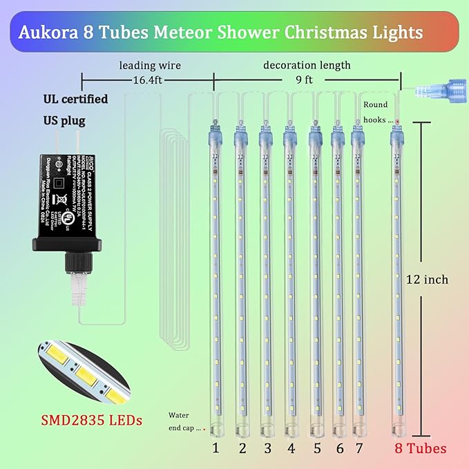 Aukora Meteor Shower Lights UL Certified Outdoor Christmas Lights 12inch 8 Tubes 192 LED Snow Falling Icicle Cascading Light for Xmas Tree Decoration Halloween Wedding Party Holiday Yard, Multicolor