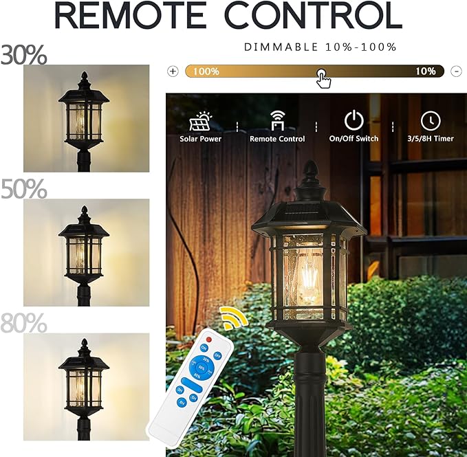 Emliviar Outside Solar Powered Post Light, Black Pathway Light with Remote Control, Dusk to Dawn LED Outdoor Solar Pole Lighting, Bulb Included, Seeded Glass, 2084PL-SL BK