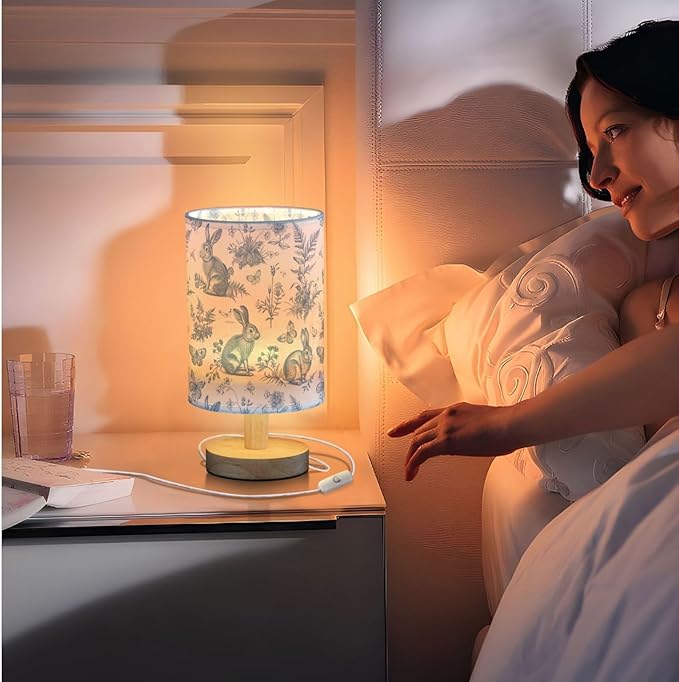 French Rabbits Butterfly Botanical Table Lamp for Bedroom USB Port Lamps Small Accent Table Lamp Nightstand Lamp Study Linen Shade with Wooden Base, Decorative Lamps for Bedside Reading|Kids|Dorm|Home