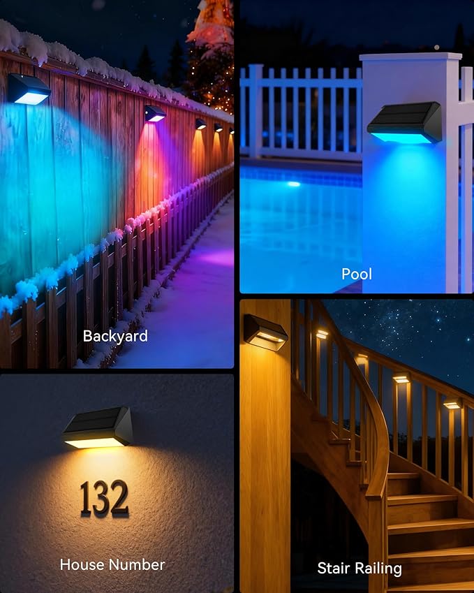 Solar Fence Lights Outdoor, 2 Pack Ultra-Bright 100 Lumens Fence Lights Solar Powered, IP65 Waterproof, 9 Color Modes, 12+ Hours Lighting Decor for Backyard/Patio/Deck/Wall/Pool
