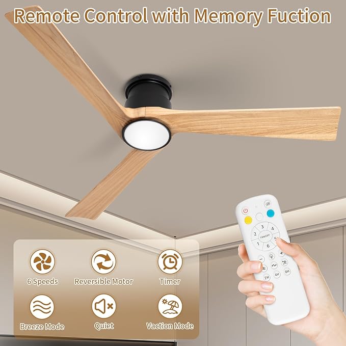 Ceiling Fan with Lights Flush Mount,52 Inch Wood Ceiling Fans with Remote Control Noiseless Reversible DC Motor 6 Speed Timer for Bedroom,Living Room
