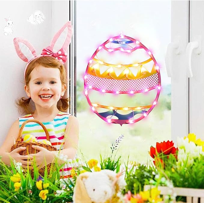 LAMPHOME 17" Lighted Pink with Yellow Chevron Stripe Easter Egg Window Silhouette