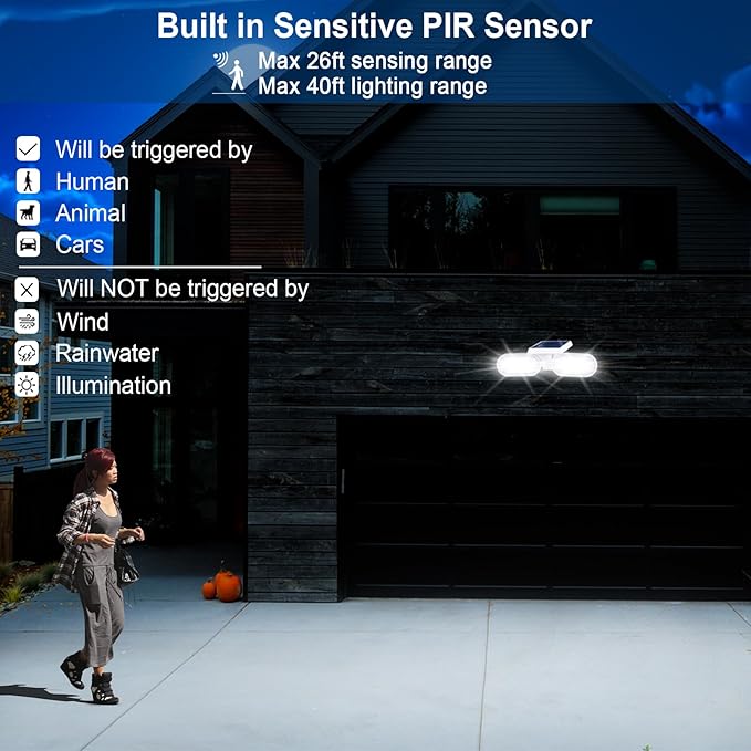 EMANER Solar Lights Outdoor Motion Sensor, 2500LM Lux Equivalent White Flood Lights for Outside, Dusk to Dawn 3-Mode Sensing Security Light, Solar Powered Driveway Lights Cordless, 2-Pack