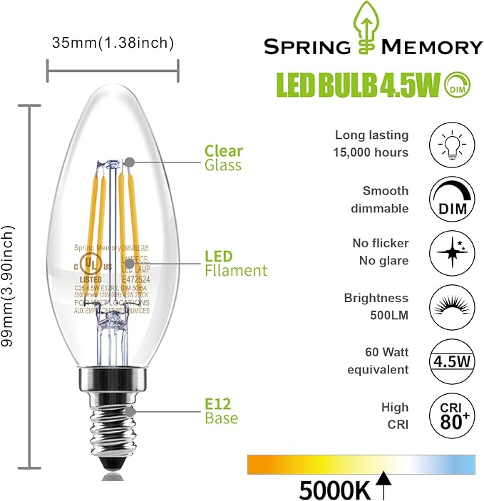 24 Pack E12 Dimmable 60W Equivalent LED Chandelier Light Bulbs, 4.5W Clear 5000K Daylight White 500LM B11 Vintage Filament Candle Light