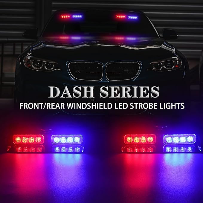 XRIDONSEN 2 in1 Dash Emergency Strobe Lights Interior Windshield Red Blue Warning Safety Flashing Police Lights Law Enforcement w/Suction Cups for Volunteer Vehicles, Trucks (2×7.16 inch, 16 LED)