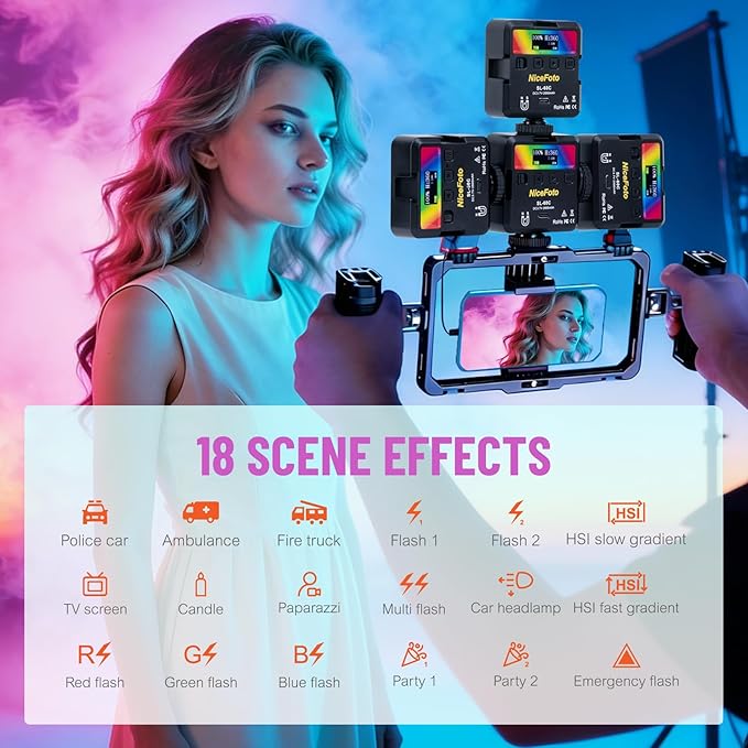 NiceFoto Portable LED Video Light, Magnetic 360° Full Color RGB Camera Lights with 3 Cold Shoe Mounts, 2500K-9000K, CRI 96+, 18 Scene Modes, for Vlog Filming, TikTok, Live, Photography ﻿