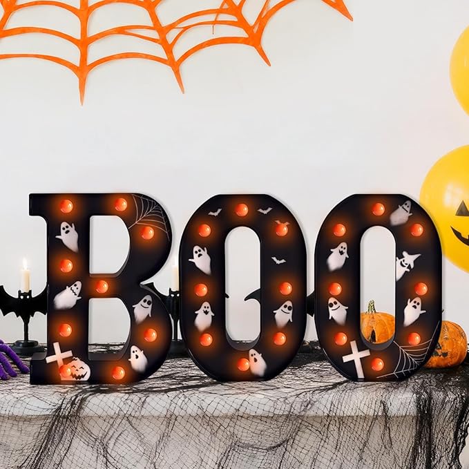 Halloween Lights Indoor Decorations - Battery Operated Boo LED Letters for Wall, Home, Party Room Halloween Decor