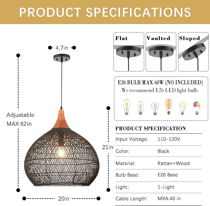 Large Black Rattan Pendant Light, 20" Rattan Chandelier Hand-Woven Wicker Pendant Light Fixtures with Solid Wood, Basket Hanging Lighting for Dining Room Kitchen Island Living Room