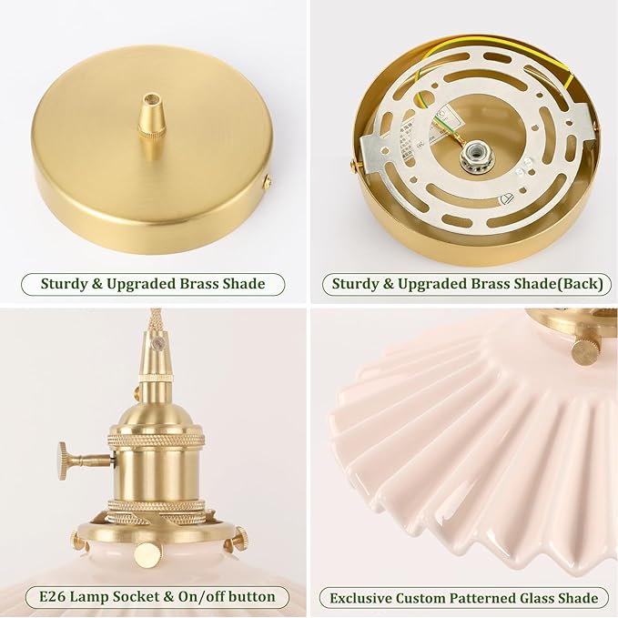Pendant Light 2 Pack with Pink Pleated Ceramic Lmapshade, Brass Vintage Pendant Light Adjustable Hanging Light for Kitchen Island Dining Room Hallway