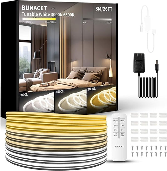 Outdoor Led Strip Lights, IP67 Waterproof Tunable Warm White Lights 3000K-6500K 26FT, RF Remote Control with 24V DC Dimmable Neon Rope Lights for Kitchen Bedroom Indoor Outdoor Decoration