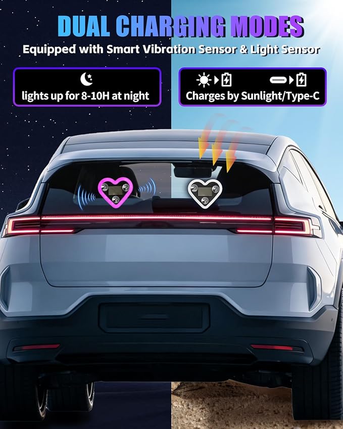 Valentines Day Decorations Car LED Interior Lights, Solar & Type-C Rechargeable Heart-Shaped Car Ambient Lights, 2 PCS Heart Lights & 2 PCS Mini USB Lights, Pink Car Decorations