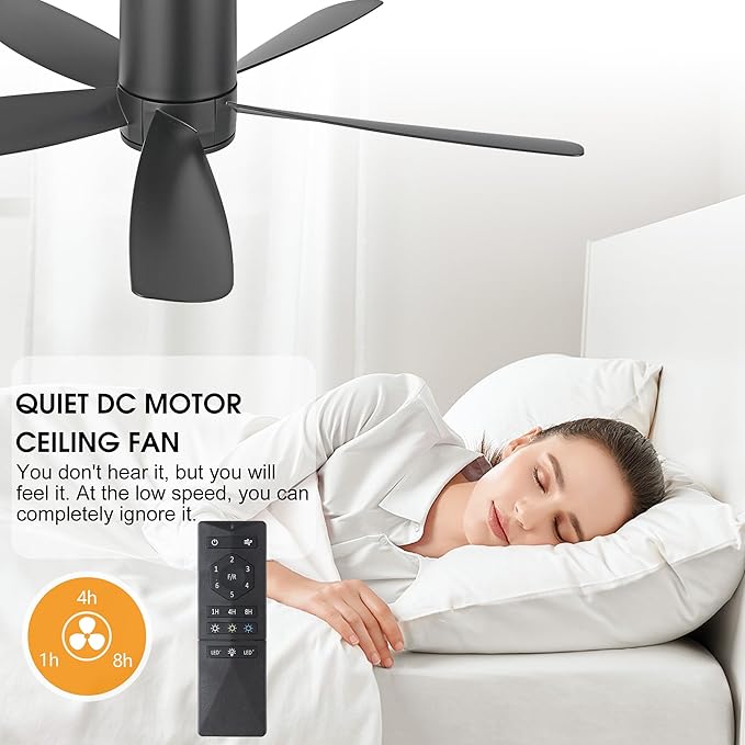 52" Outdoor Ceiling Fan with Light and Remote, ABS Blades, Low Profile Flush Mount Ceiling Fan, Dimmable LED light, Noiseless Reversible DC Motor Black